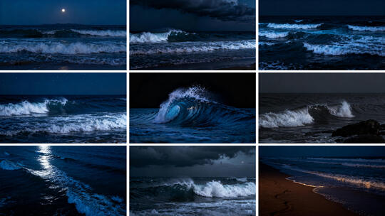 月夜海浪涌动画面 月光下的海浪拍打