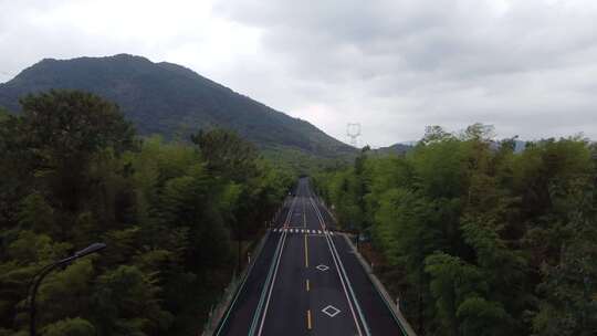 山间林荫柏油路航拍全景