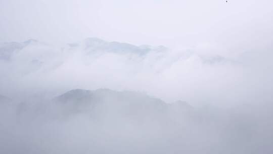群山隐现雨雾间，云海翻涌飞鸟穿