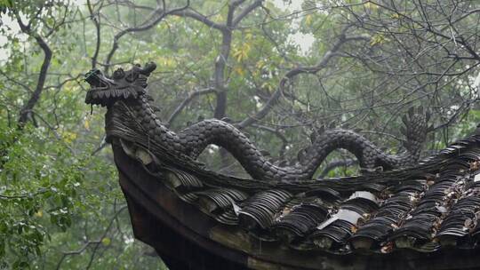 雨中的古建屋脊龙雕塑