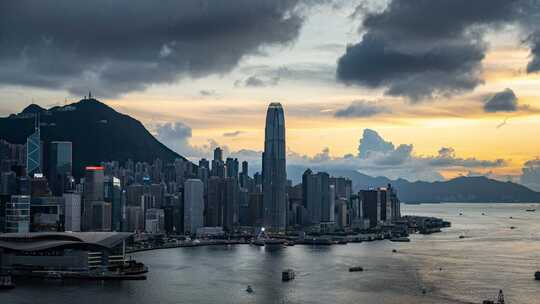 香港维多利亚港CBD中环日落高空延时