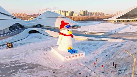 中国黑龙江哈尔滨大剧院企鹅大雪人航拍