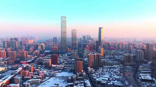 长沙大雪过后日出国金中心CBD雪景航拍视频素材模板下载