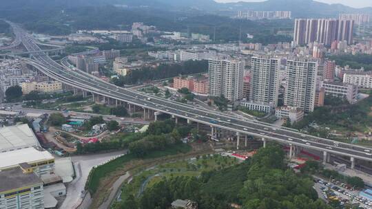 航拍深圳龙华区观澜道路与建筑