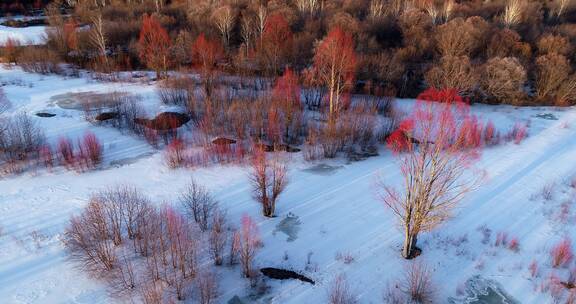 航拍大兴安岭早春雪原冰河红柳