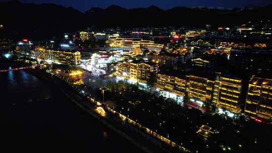 贵州茅台酒镇城市赤水河滨夜景风光航拍