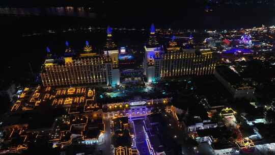 西双版纳景洪市湄公河酒店航拍夜景风光