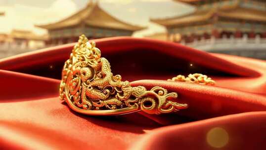 金饰置于红布上背景为古建筑