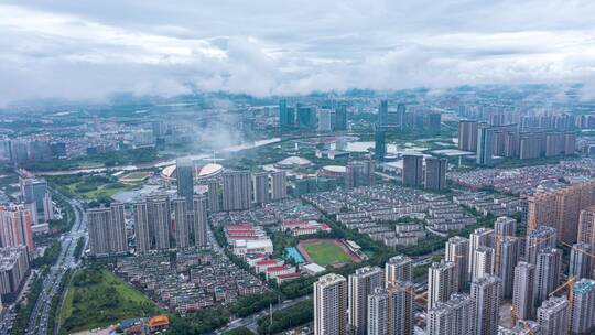 义乌城市云海大景航拍延时摄影