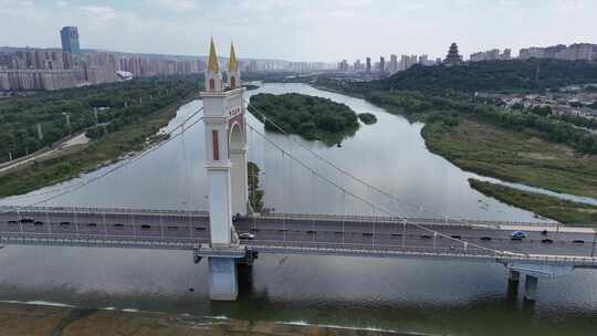 陕西宝鸡渭河联盟大桥地标建筑航拍