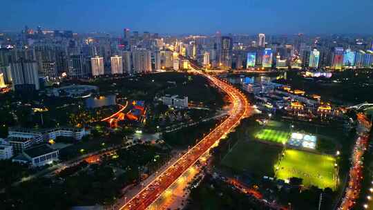 航拍海南海口世纪大桥城市蓝调夜景风景