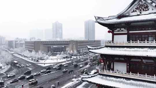 长沙城市大雪纷飞杜甫江阁雪景