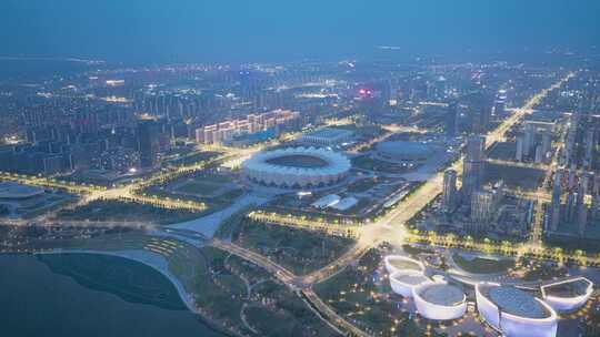 航拍西安奥体中心灞河夜景延时