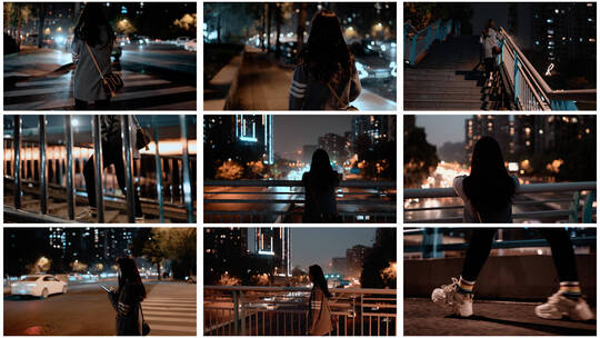 夜晚天桥上孤独寂寞失落迷茫忧郁的女孩高清在线视频素材下载