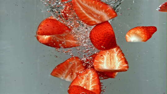 新鲜的草莓掉落在水中视频素材模板下载