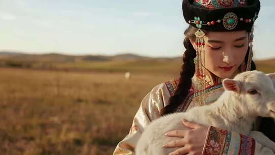 草原女子怀抱小羊的场景