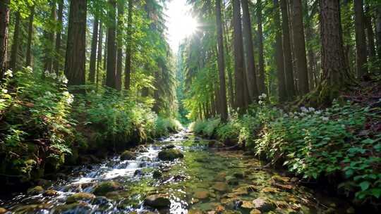 阳光森林中流淌的小溪