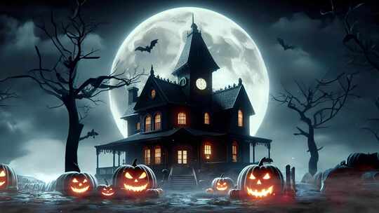 万圣节与城堡、蝙蝠和南瓜在幽灵般的满月灯