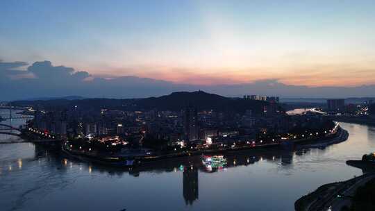 四川宜宾三江交汇处合江楼晚霞夜景航拍