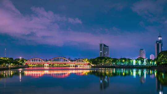 义乌江城市地标建筑夜景延时摄影