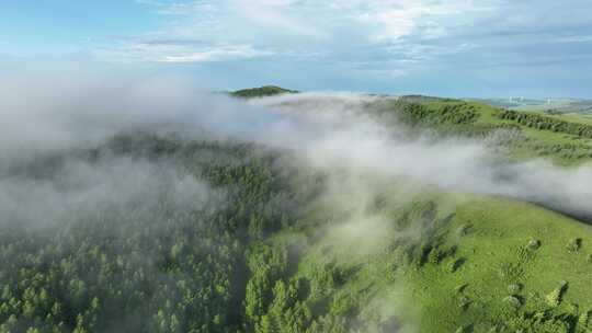 航拍云雾缭绕的绿色山脉
