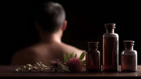 精油瓶与草本植物的宁静疗愈氛围
