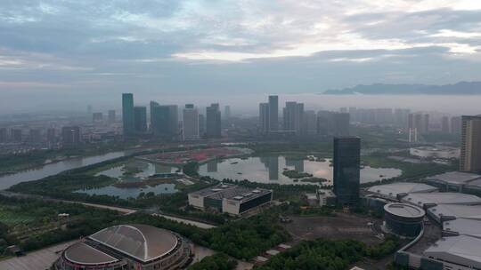 义乌城市地标平流雾风光航拍视频素材模板下载