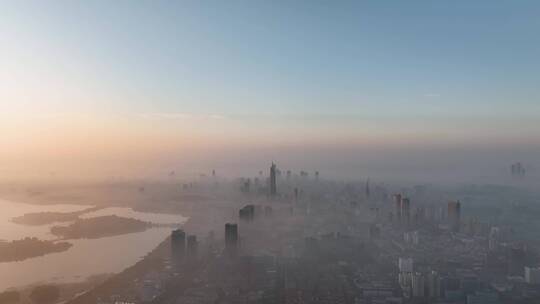 航拍日出平流雾下的南京城市风光