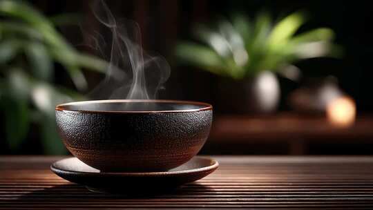 禅意茶碗热气升腾温暖治愈