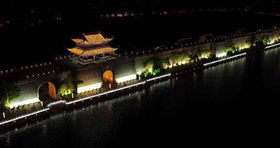 城市航拍 苏州相门古城 门楼 夜景 亮灯