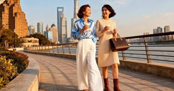 上海河畔两位女士手持咖啡漫步