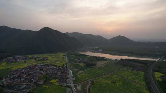 油菜花开，春日的宁国市西村风光航拍素材