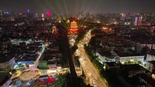 湖北黄鹤楼公园武汉长江大桥夜晚夜景航拍车