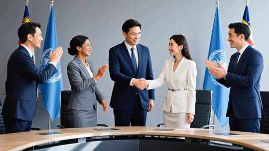 商务人士会议室握手鼓掌场景