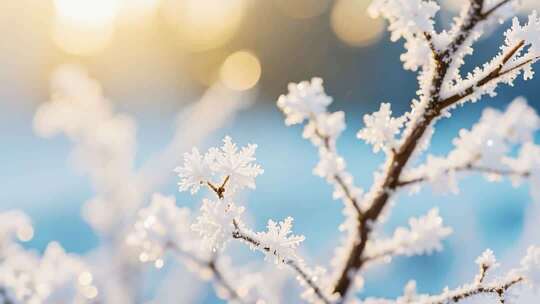 冬日覆雪树枝特写