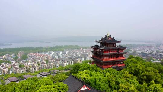 杭州西湖十景吴山天风城隍阁楼航拍