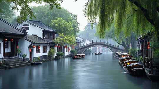 江南水乡雨中古镇全景