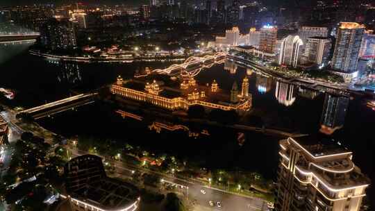 福州台江区中洲岛夜晚夜景航拍解放大桥福建