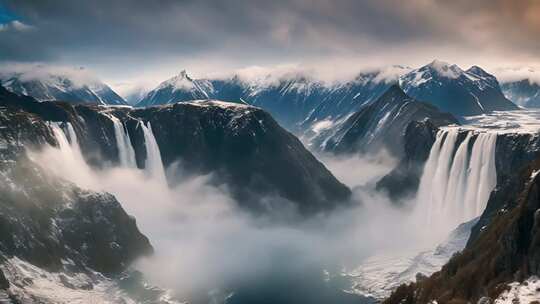 雪山瀑布壮丽自然景观