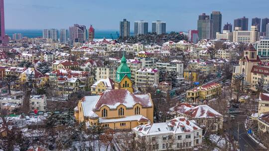 青岛城市风光雪景鸟瞰