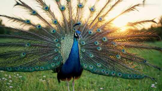 夕阳下开屏的孔雀