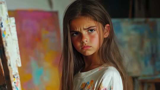 小艺术家在画作前专注沉思的瞬间