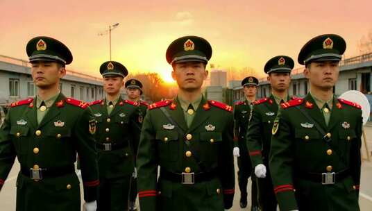 军人整齐列队行进画面