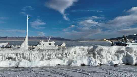 青海海南青海湖冰雪天空航拍视频