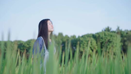 女孩在稻田里呼吸新鲜空气4k视频素材