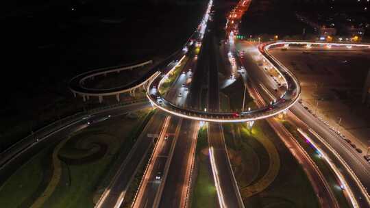 城市高速公路立交桥车流夜景航拍