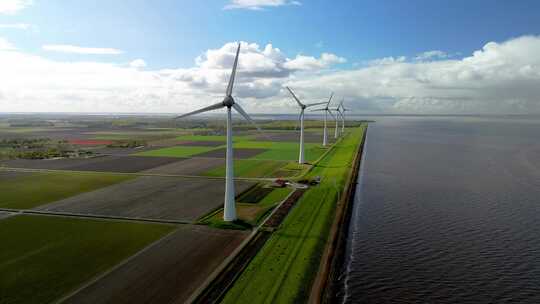 荷兰风车公园的春季景观风车涡轮机产生绿色视频素材模板下载