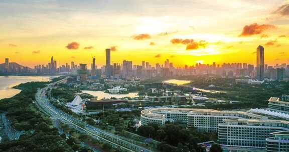 深圳南山区深圳湾公园城市航拍延时