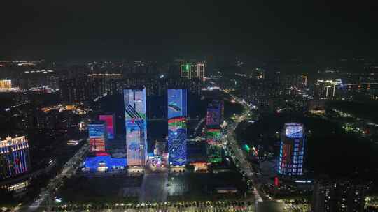 江门五邑华侨广场夜景航拍蓬江万达广场夜景