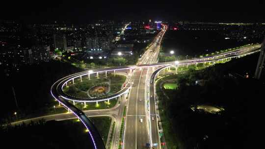 山东潍坊城市夜景交通航拍